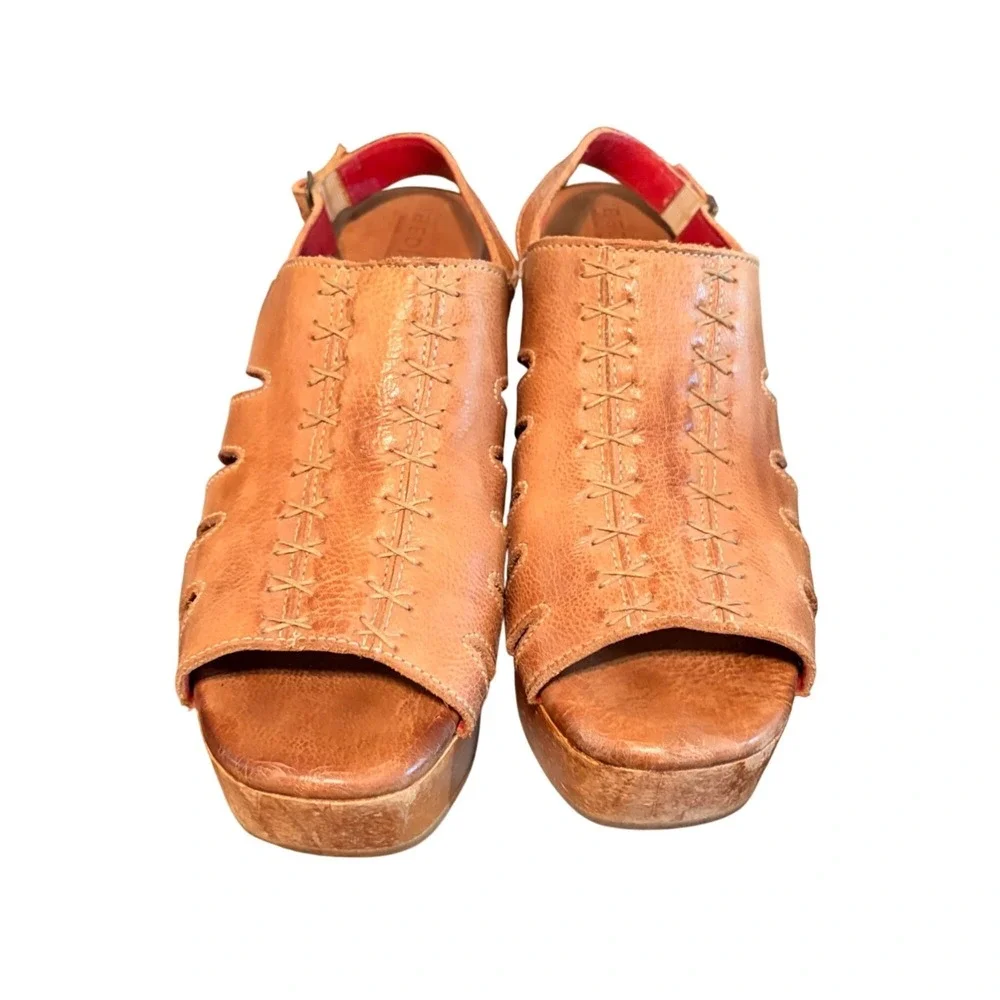 Bed Stu Fontella Platform Clogs Tan Rustic Leather Chunky Wood Heel Sz 11 Boho